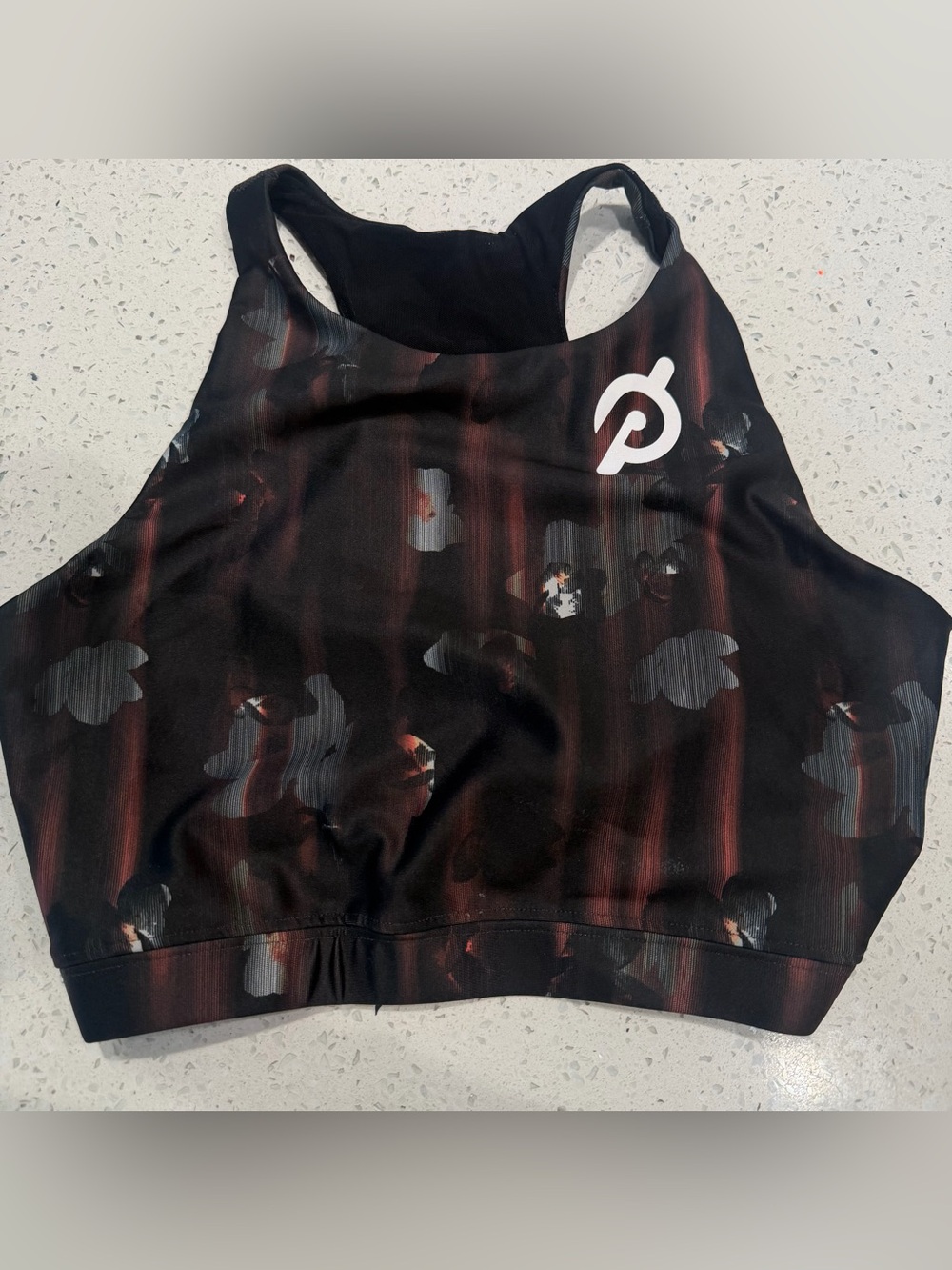 Peloton Black Sports Bra with Red Stripe & Subtle Gray Pattern